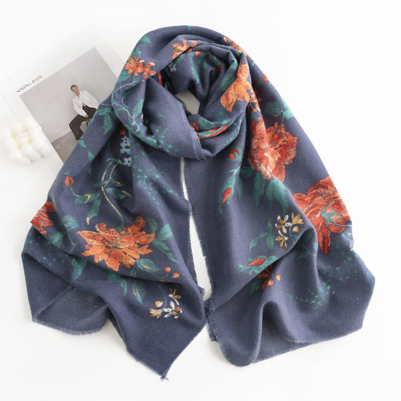 Chal con estampado de rosas multifloras tibetanas y Buddha Stones, bufanda cálida y acogedora para otoño e invierno - Azul acero 190*65 cm - image 3