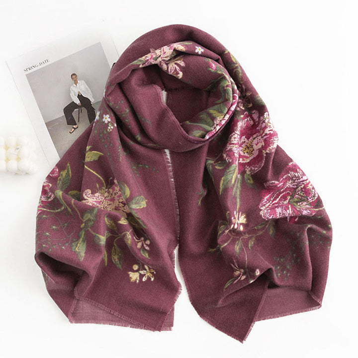 Chal con estampado de rosas multifloras tibetanas y Buddha Stones, bufanda cálida y acogedora para otoño e invierno - Violeta mediana roja 190 x 65 cm - image 10