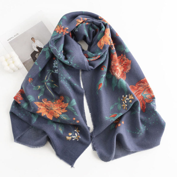 Chal con estampado de rosas multifloras tibetanas y Buddha Stones, bufanda cálida y acogedora para otoño e invierno - Azul acero 190*65cm - image 3