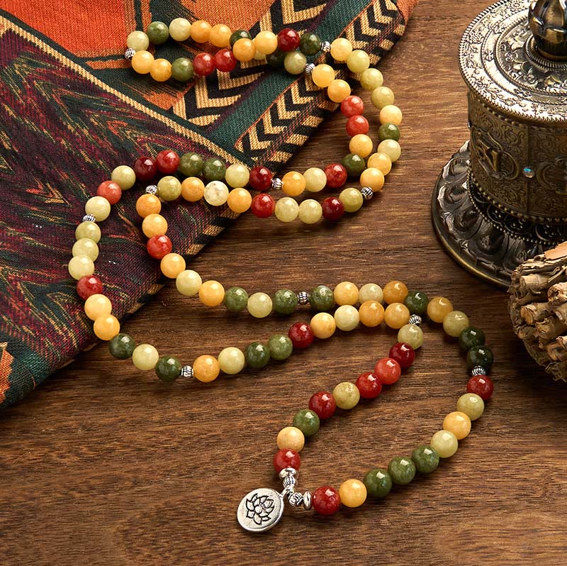 Pulsera de protección de loto con 108 cuentas de mala de piedra de color natural, topacio, jaspe rojo y jaspe verde, Buddha Stones