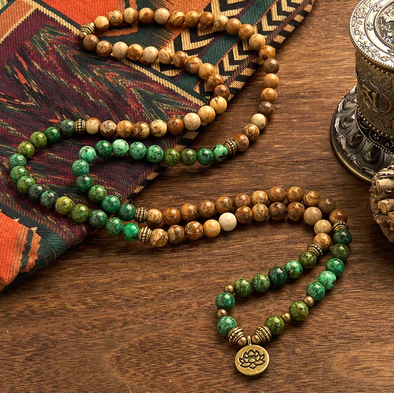 Pulsera positiva con 108 cuentas de piedra natural, Buddha Stones , jaspe, turquesa y loto