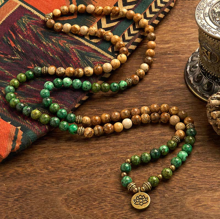 Pulsera positiva con 108 cuentas de piedra natural, Buddha Stones , jaspe, turquesa y loto