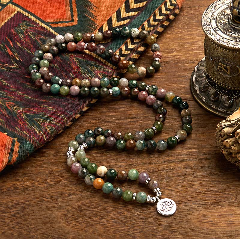 Buddha Stones de piedra natural con 108 cuentas de mala y ágata india con diseño de loto y calma