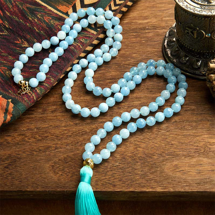 Pulsera de curación de loto con borlas de aguamarina y piedra natural de 108 cuentas de mala de Buddha Stones