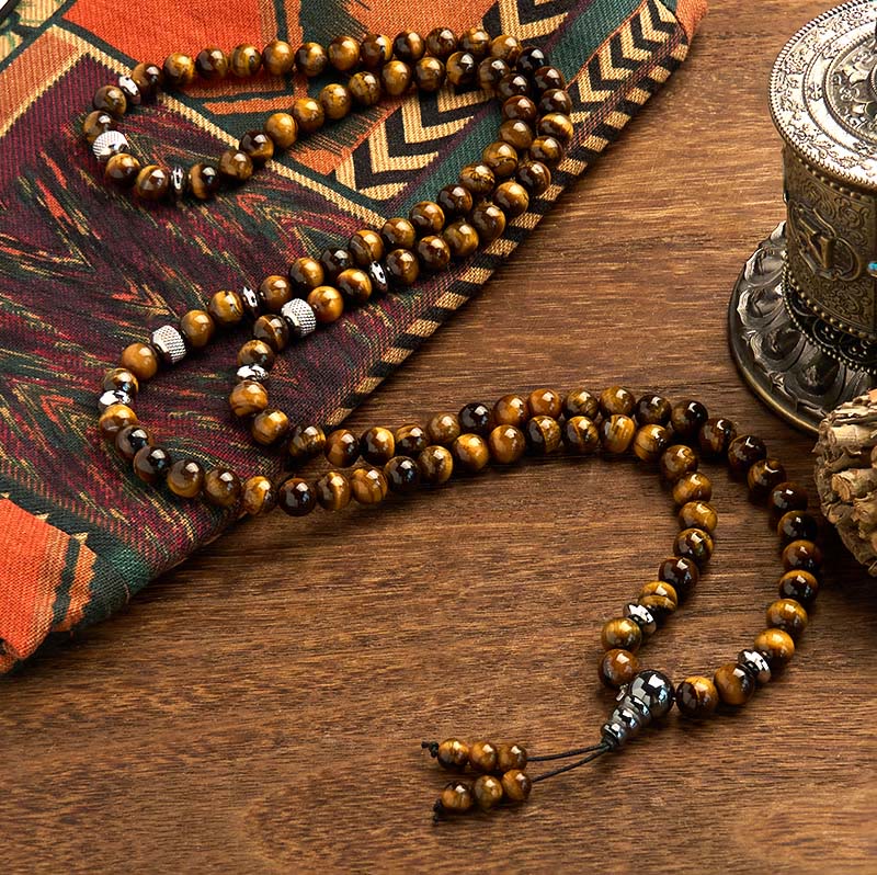 Pulsera de protección multivuelta con piedra natural ojo de tigre y 108 cuentas de mala de Buddha Stones