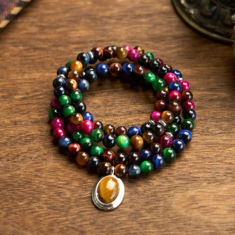 Pulsera de protección multivuelta con piedra de ojo de tigre de colores naturales y 108 cuentas de mala de Buddha Stones - Ojo de tigre de colores (circunferencia de la muñeca: 14-16 cm) - image 0