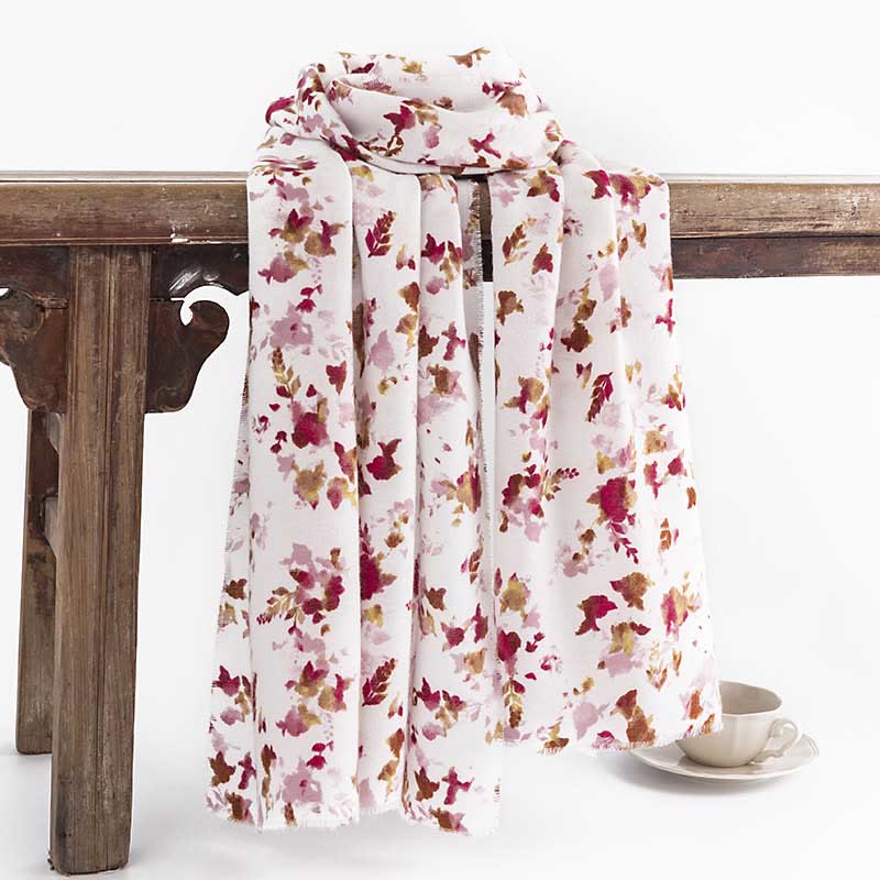 Chal con estampado de hojas caídas y flores tibetanas con Buddha Stones para otoño e invierno, bufanda cálida y acogedora para viajes - Blanco 190*65 cm - image 0