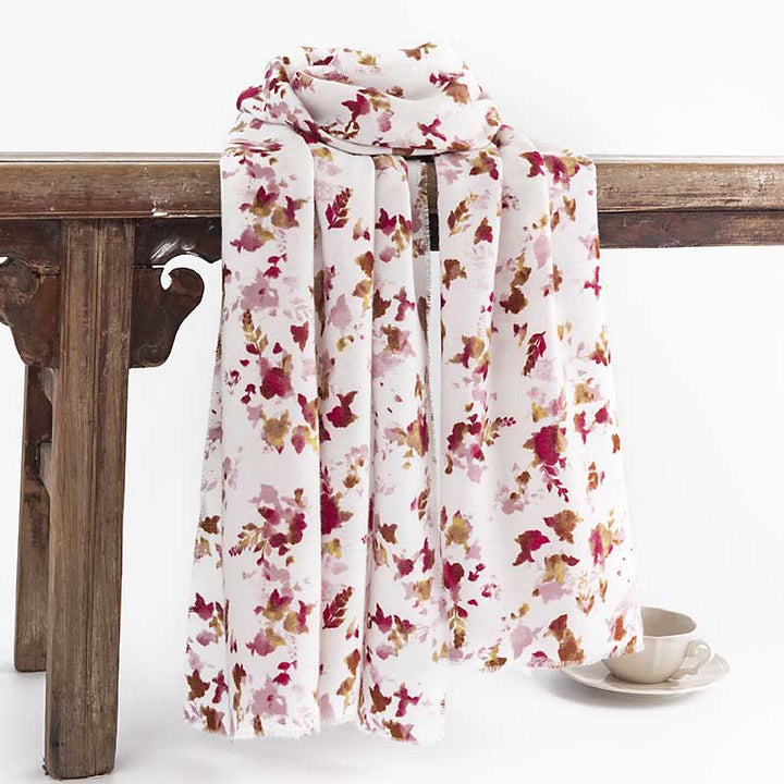 Chal con estampado de hojas caídas y flores tibetanas con Buddha Stones para otoño e invierno, bufanda cálida y acogedora para viajes - Blanco 190*65 cm - image 0