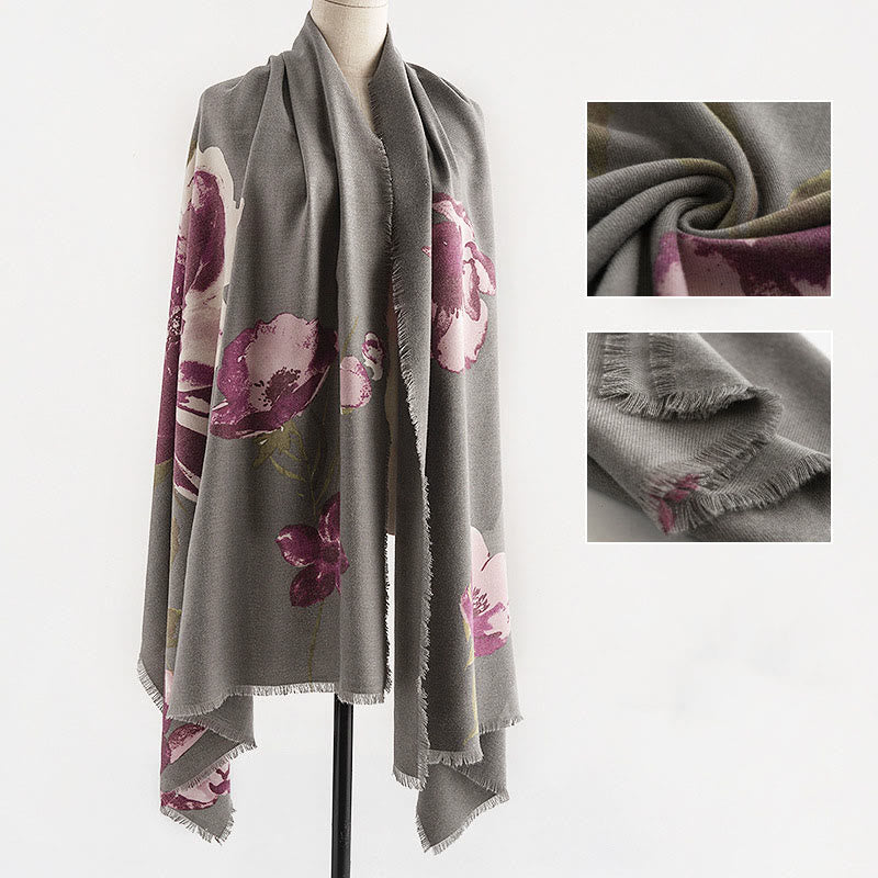Chal con estampado de flores moradas tibetanas y Buddha Stones, cálido para otoño e invierno, para viajes