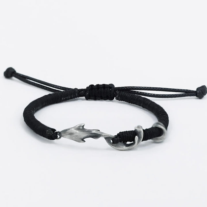 Pulsera de protección con cuerda de cera negra y tiburón en plata de ley 999 con Buddha Stones
