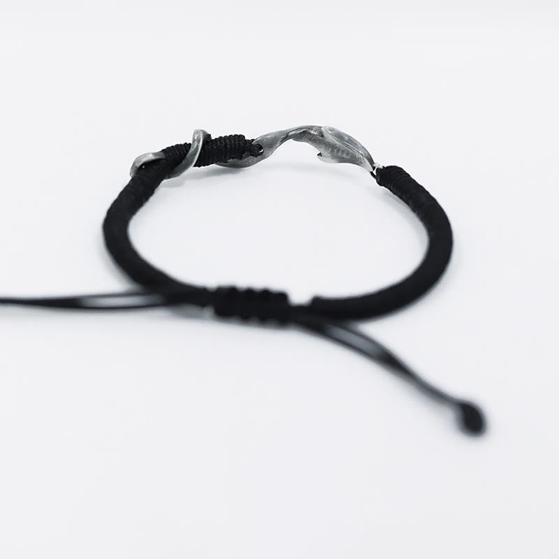 Pulsera de protección con cuerda de cera negra y tiburón en plata de ley 999 con Buddha Stones