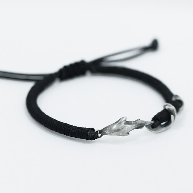 Pulsera de protección con cuerda de cera negra y tiburón en plata de ley 999 con Buddha Stones
