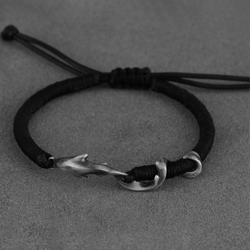 Pulsera de protección con cuerda de cera negra y tiburón en plata de ley 999 con Buddha Stones