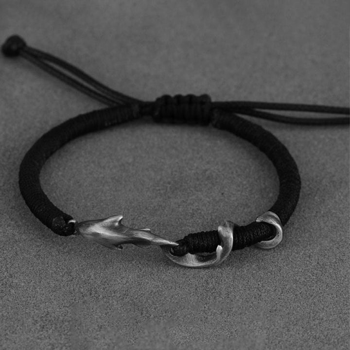 Pulsera de protección con cuerda de cera negra y tiburón en plata de ley 999 con Buddha Stones