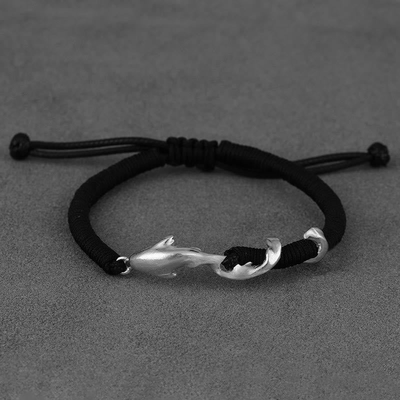 Pulsera de protección con cuerda de cera negra y tiburón en plata de ley 999 con Buddha Stones
