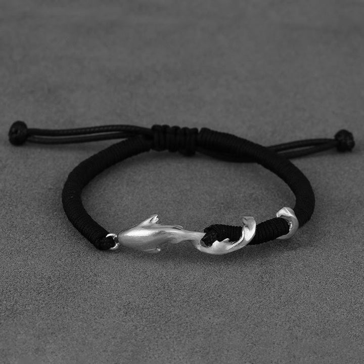 Pulsera de protección con cuerda de cera negra y tiburón en plata de ley 999 con Buddha Stones