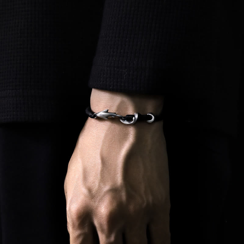 Pulsera de protección con cuerda de cera negra y tiburón en plata de ley 999 con Buddha Stones