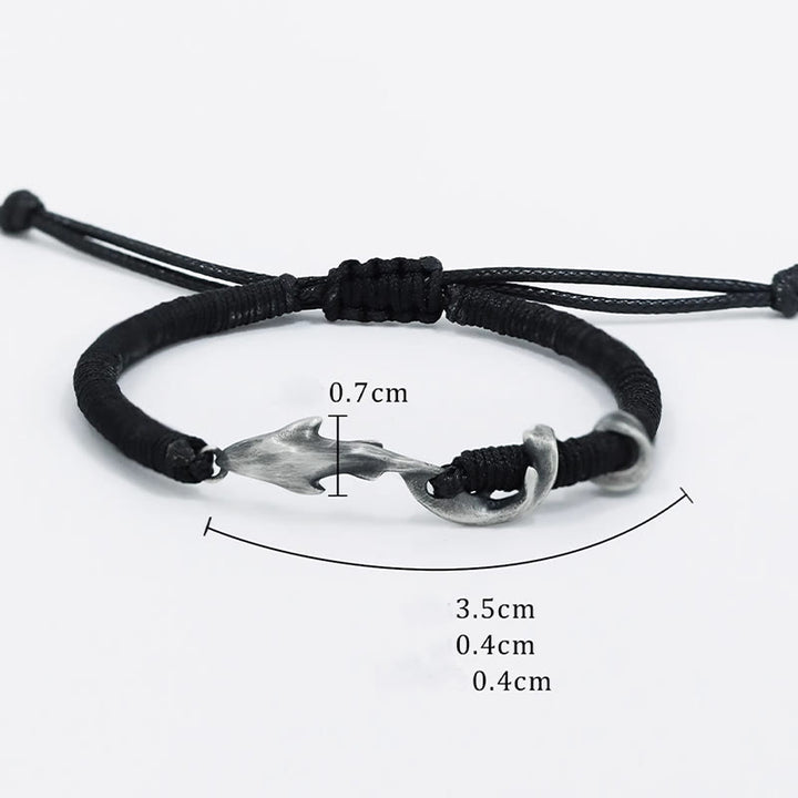 Pulsera de protección con cuerda de cera negra y tiburón en plata de ley 999 con Buddha Stones