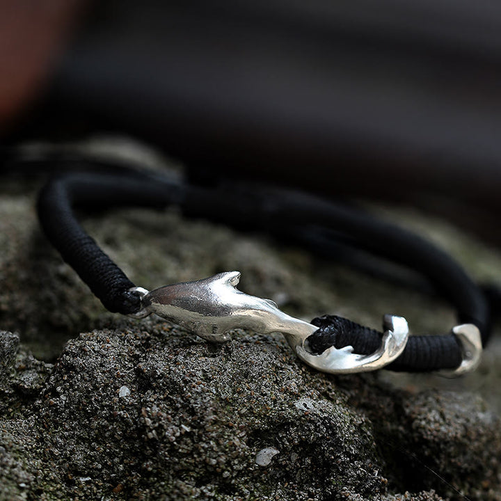 Pulsera de protección con cuerda de cera negra y tiburón en plata de ley 999 con Buddha Stones