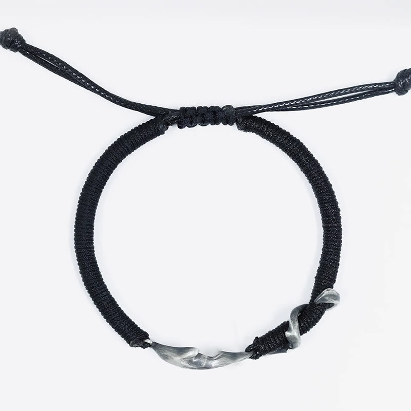 Pulsera de protección con cuerda de cera negra y tiburón en plata de ley 999 con Buddha Stones