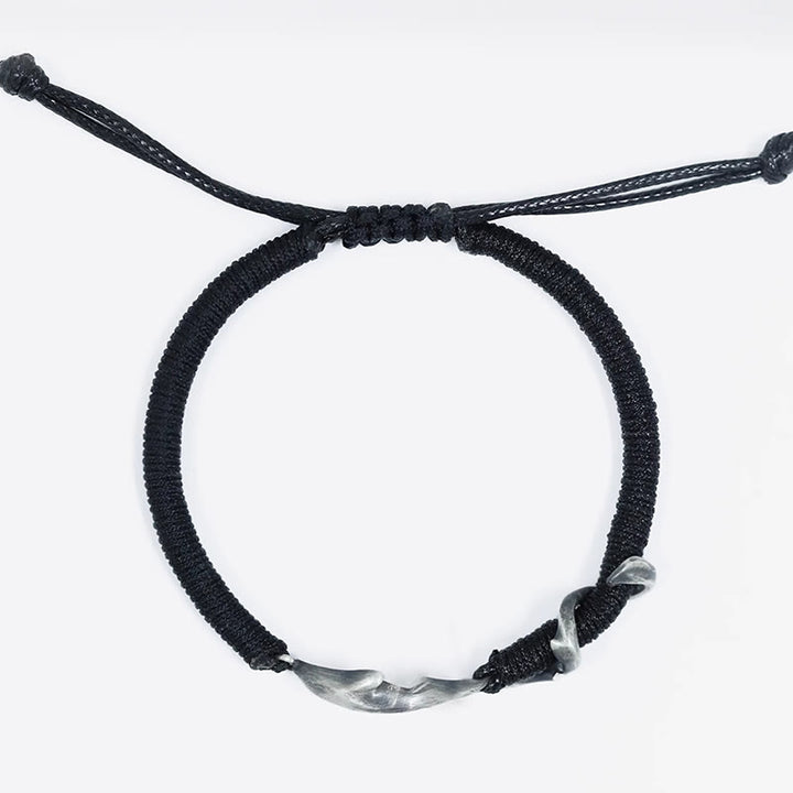 Pulsera de protección con cuerda de cera negra y tiburón en plata de ley 999 con Buddha Stones