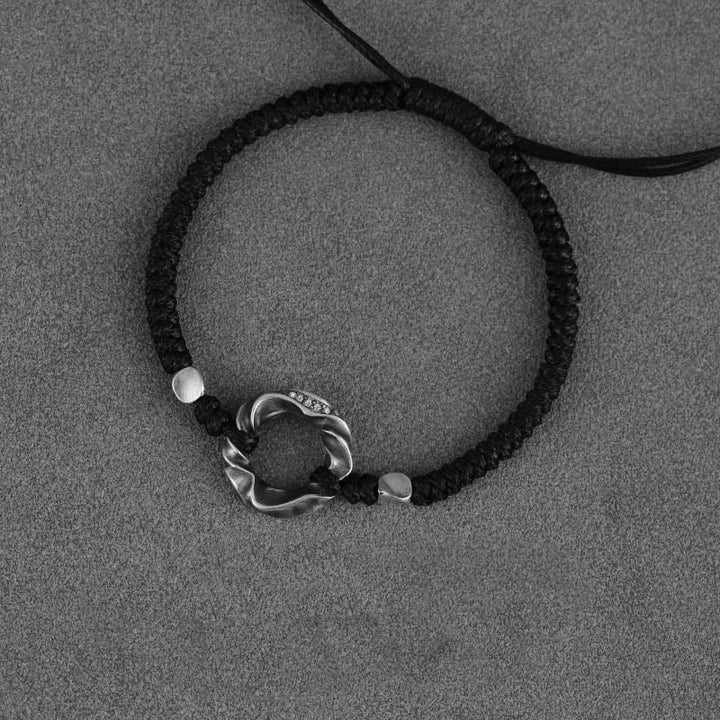 Pulsera de protección con cuerda de cera negra y hebilla de paz de plata de ley 999 con Buddha Stones