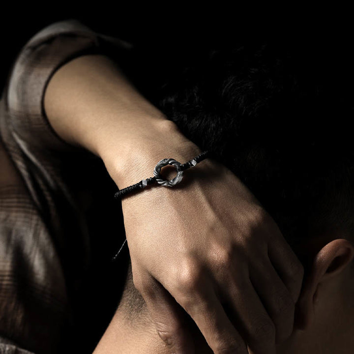 Pulsera de protección con cuerda de cera negra y hebilla de paz de plata de ley 999 con Buddha Stones