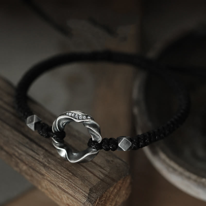 Pulsera de protección con cuerda de cera negra y hebilla de paz de plata de ley 999 con Buddha Stones