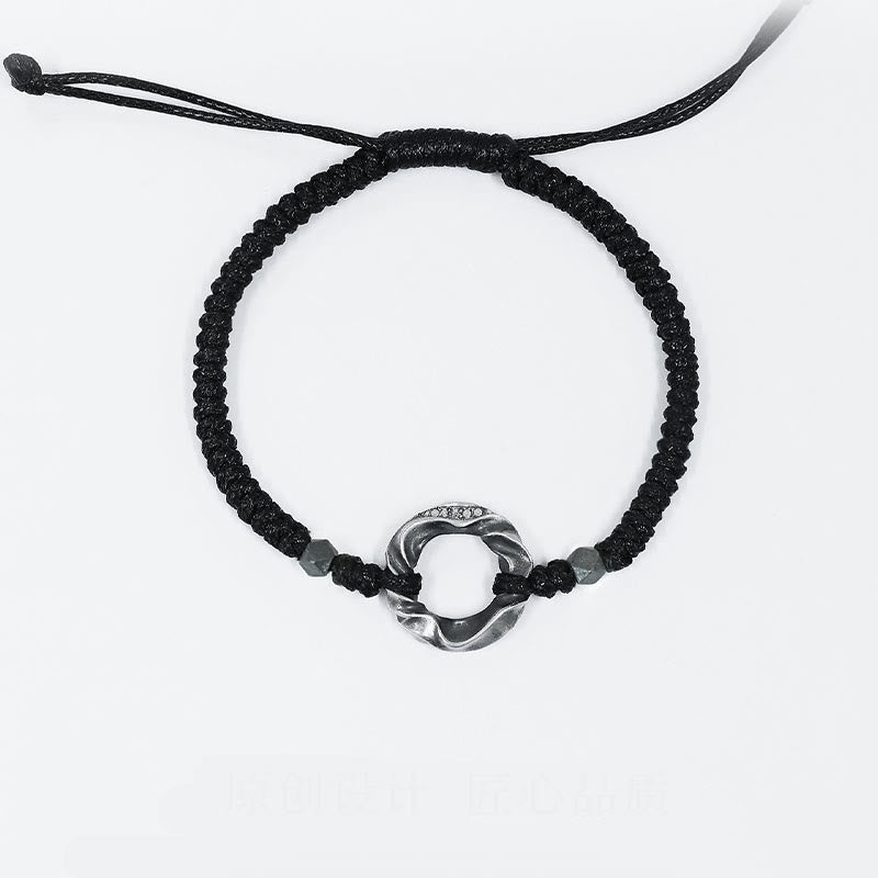 Pulsera de protección con cuerda de cera negra y hebilla de paz de plata de ley 999 con Buddha Stones