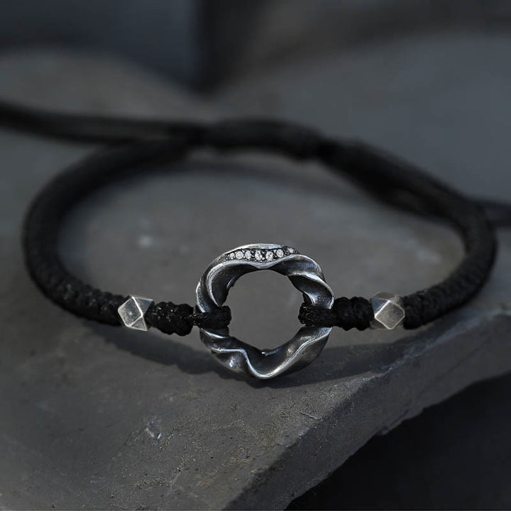 Pulsera de protección con cuerda de cera negra y hebilla de paz de plata de ley 999 con Buddha Stones - Cuerda de cera de plata de ley 999 (circunferencia de la muñeca: 13-22 cm) - image 0