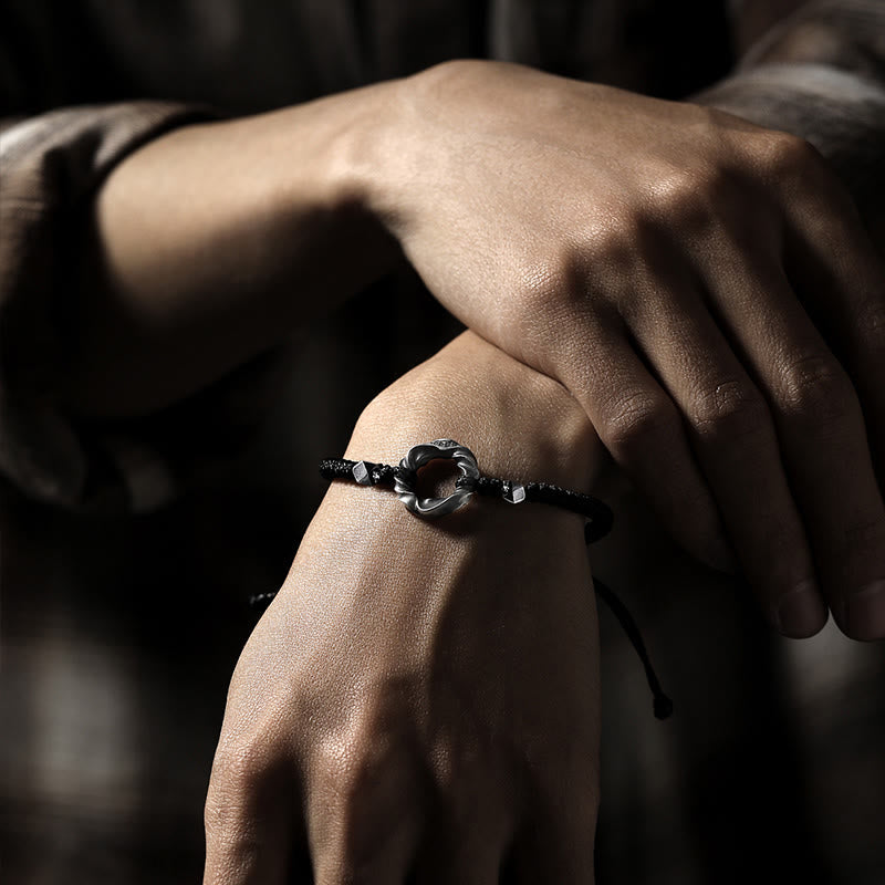 Pulsera de protección con cuerda de cera negra y hebilla de paz de plata de ley 999 con Buddha Stones