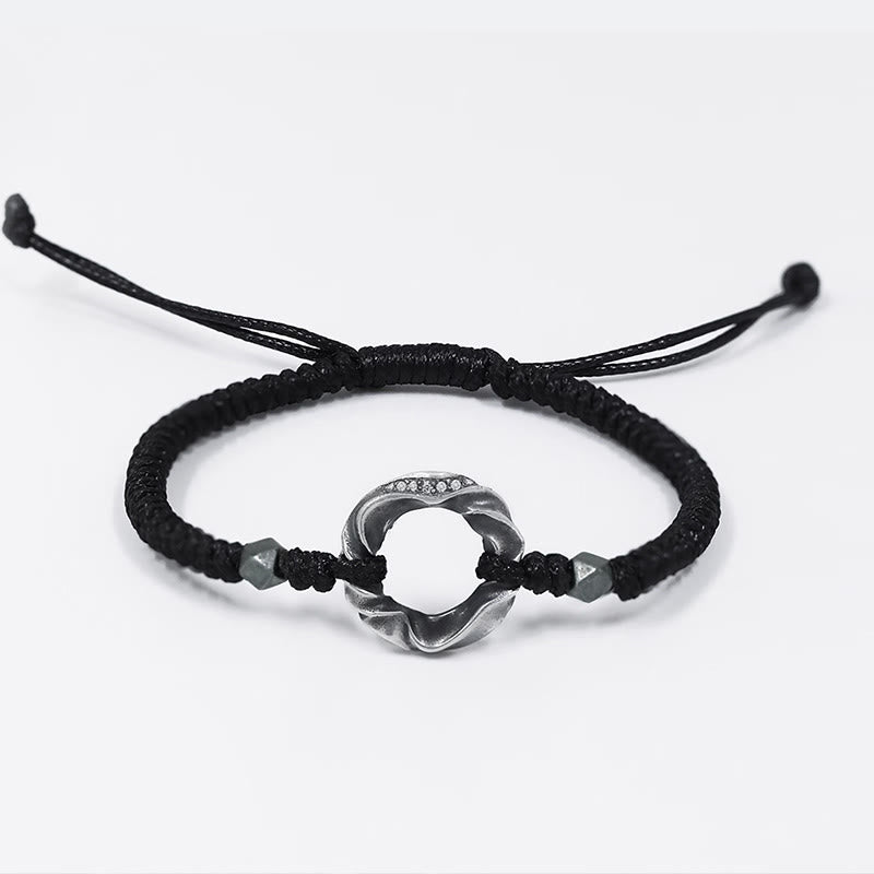 Pulsera de protección con cuerda de cera negra y hebilla de paz de plata de ley 999 con Buddha Stones