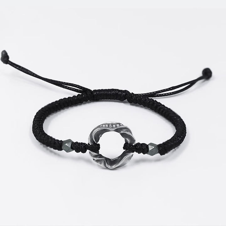 Pulsera de protección con cuerda de cera negra y hebilla de paz de plata de ley 999 con Buddha Stones