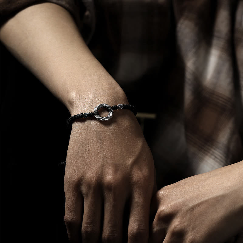 Pulsera de protección con cuerda de cera negra y hebilla de paz de plata de ley 999 con Buddha Stones