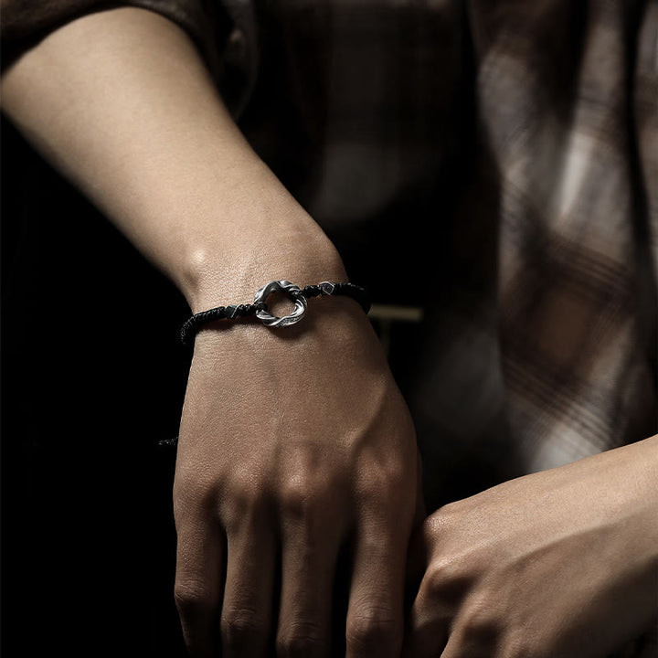 Pulsera de protección con cuerda de cera negra y hebilla de paz de plata de ley 999 con Buddha Stones