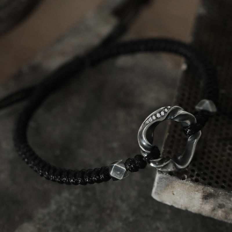 Pulsera de protección con cuerda de cera negra y hebilla de paz de plata de ley 999 con Buddha Stones