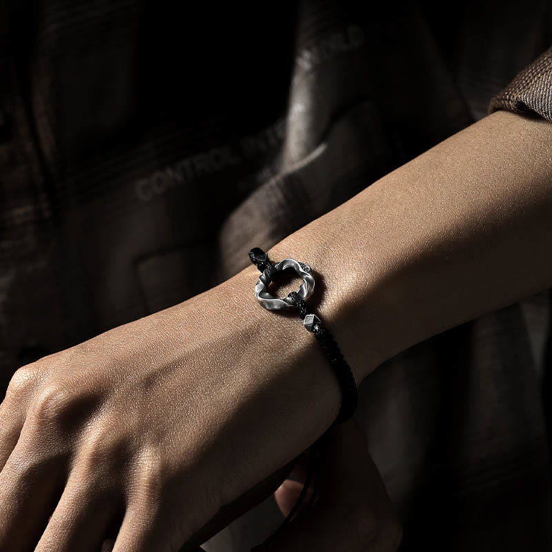 Pulsera de protección con cuerda de cera negra y hebilla de paz de plata de ley 999 con Buddha Stones