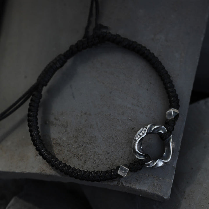 Pulsera de protección con cuerda de cera negra y hebilla de paz de plata de ley 999 con Buddha Stones