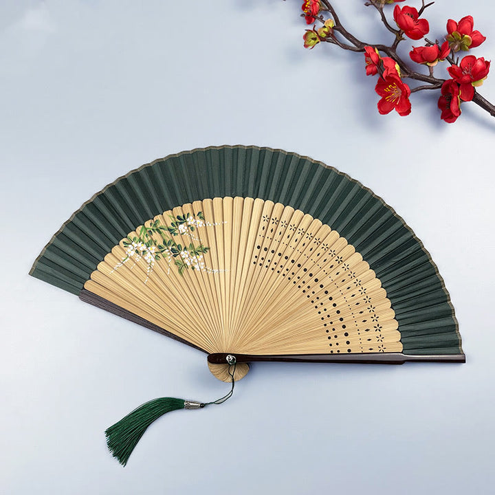 Abanico plegable de bambú con pintura en aerosol de tela de lino y algodón hecho a mano con diseño de Buddha Stones - Flor de durazno verde 21 cm - image 8