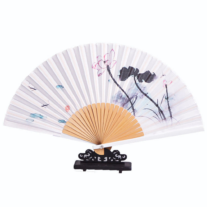 Abanico plegable de bambú y crepé de poliéster de 23,3 cm con pintura en tinta de caracteres chinos, diseño de flores de Buddha Stones y hojas