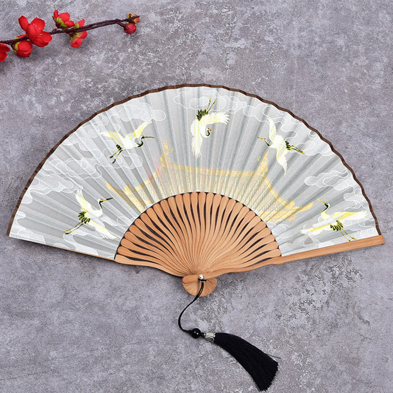 Ventilador plegable de bambú de mano con diseño de Buddha Stones, grullas y nubes auspiciosas, color sólido degradado. - Grulla Nube Blanca 21cm - image 8