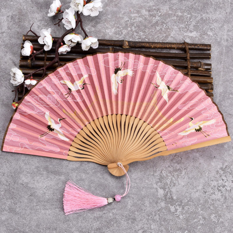 Abanico plegable de bambú con tela de lino y algodón de color liso con degradado de grullas y piedras de Buddha Stones y nubes auspiciosas
