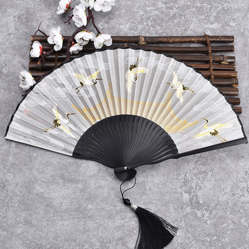 Abanico plegable de bambú con tela de lino y algodón de color liso con degradado de grullas y piedras de Buddha Stones y nubes auspiciosas