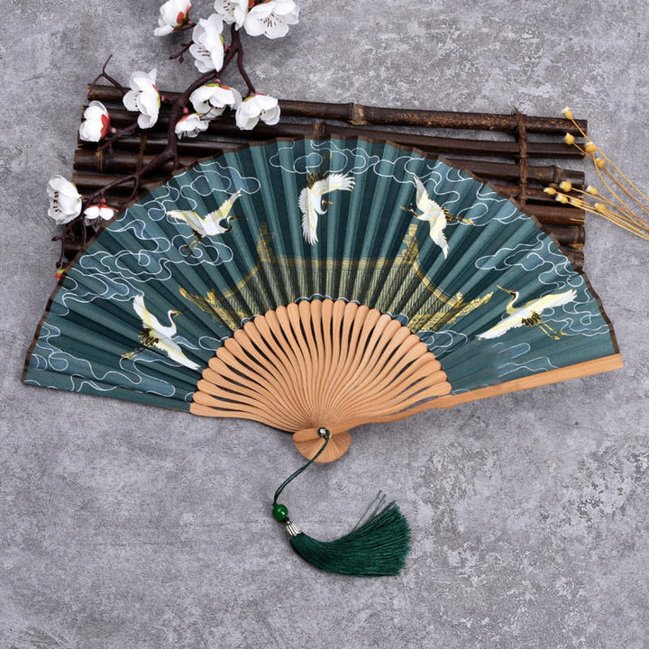 Ventilador plegable de bambú de mano con diseño de Buddha Stones, grullas y nubes auspiciosas, color sólido degradado. - Grulla Nube Verde Oscuro 21cm - image 4
