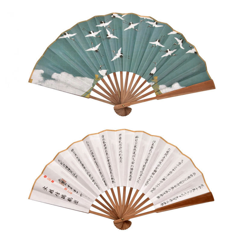 Ventilador plegable de bambú de mano con diseño de Buddha Stones, grullas y nubes auspiciosas, color sólido degradado. - Grulla marrón, poema antiguo, 33 cm - image 10