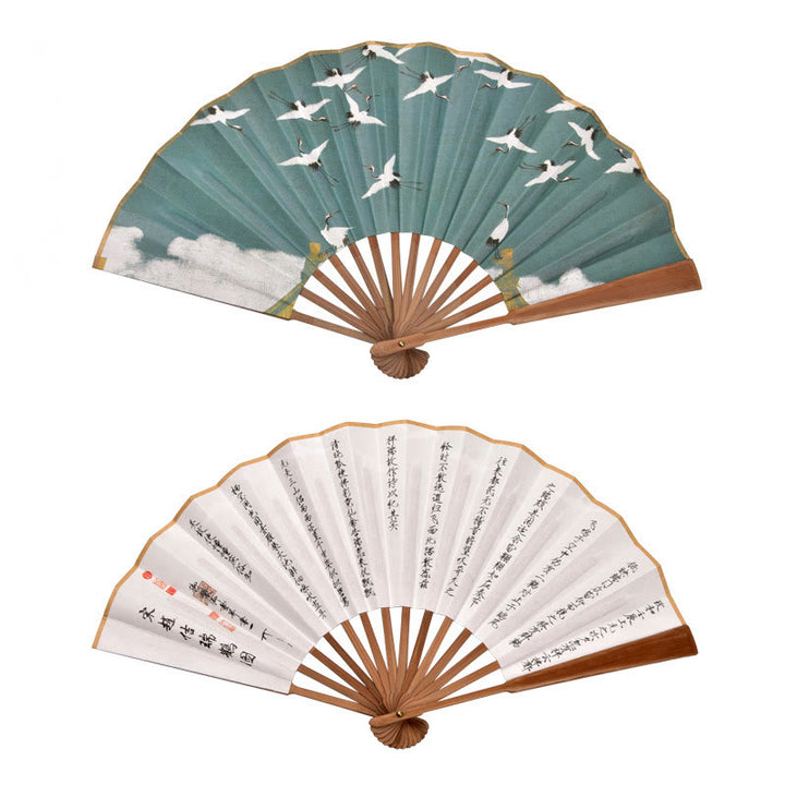 Ventilador plegable de bambú de mano con diseño de Buddha Stones, grullas y nubes auspiciosas, color sólido degradado. - Grulla marrón, poema antiguo, 33 cm - image 10