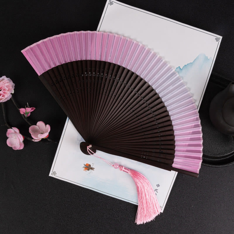Ventilador plegable de bambú de mano con diseño de Buddha Stones, grullas y nubes auspiciosas, color sólido degradado. - Degradado rosa 21cm - image 21