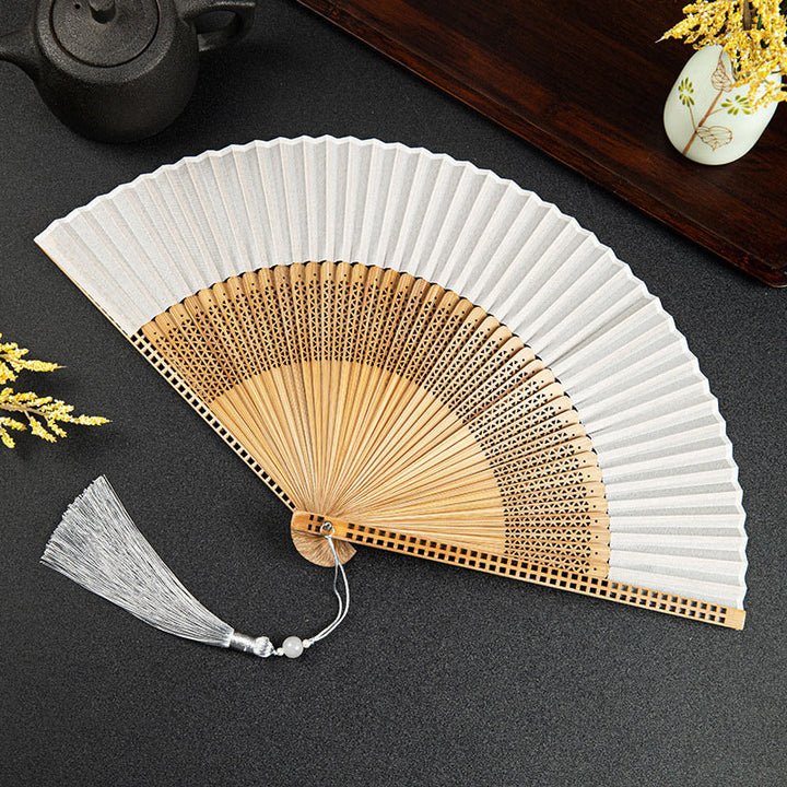 Ventilador plegable de bambú de mano con diseño de Buddha Stones, grullas y nubes auspiciosas, color sólido degradado. - Hueco gris de 21 cm - image 30