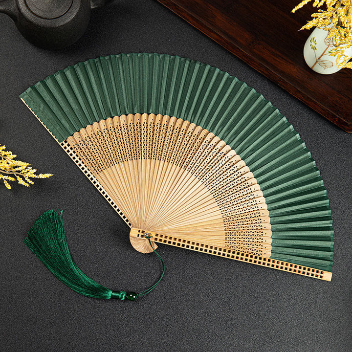 Ventilador plegable de bambú de mano con diseño de Buddha Stones, grullas y nubes auspiciosas, color sólido degradado. - Hueco verde oscuro de 21 cm - image 25