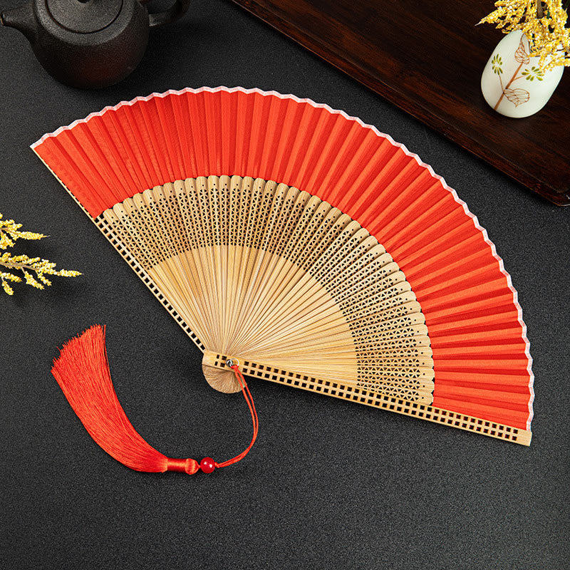 Ventilador plegable de bambú de mano con diseño de Buddha Stones, grullas y nubes auspiciosas, color sólido degradado. - Hueco rojo de 21 cm - image 26
